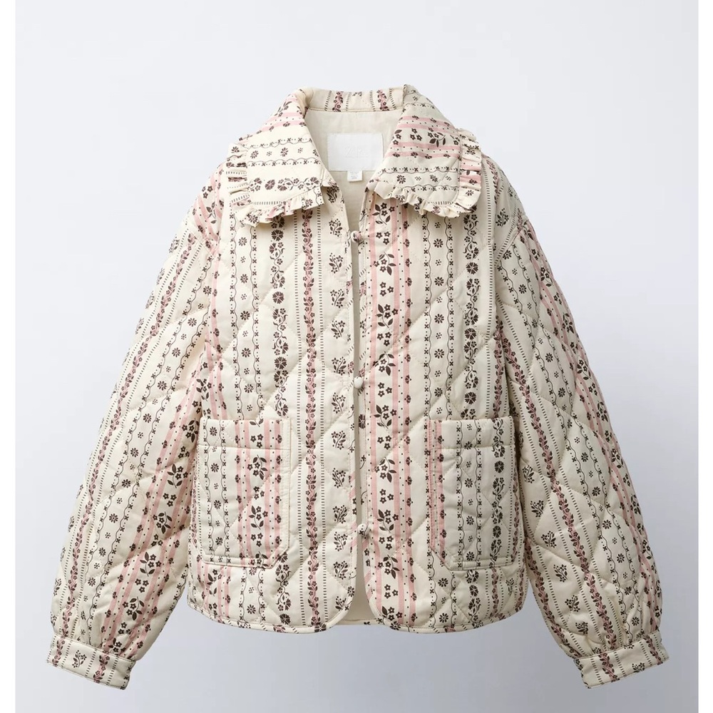 Zara Kids Floral Puffer Jacket - Cream and Pink